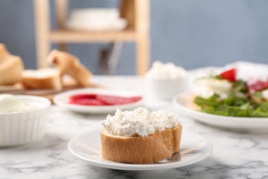 Delicious bruschetta with cheese on white marble table