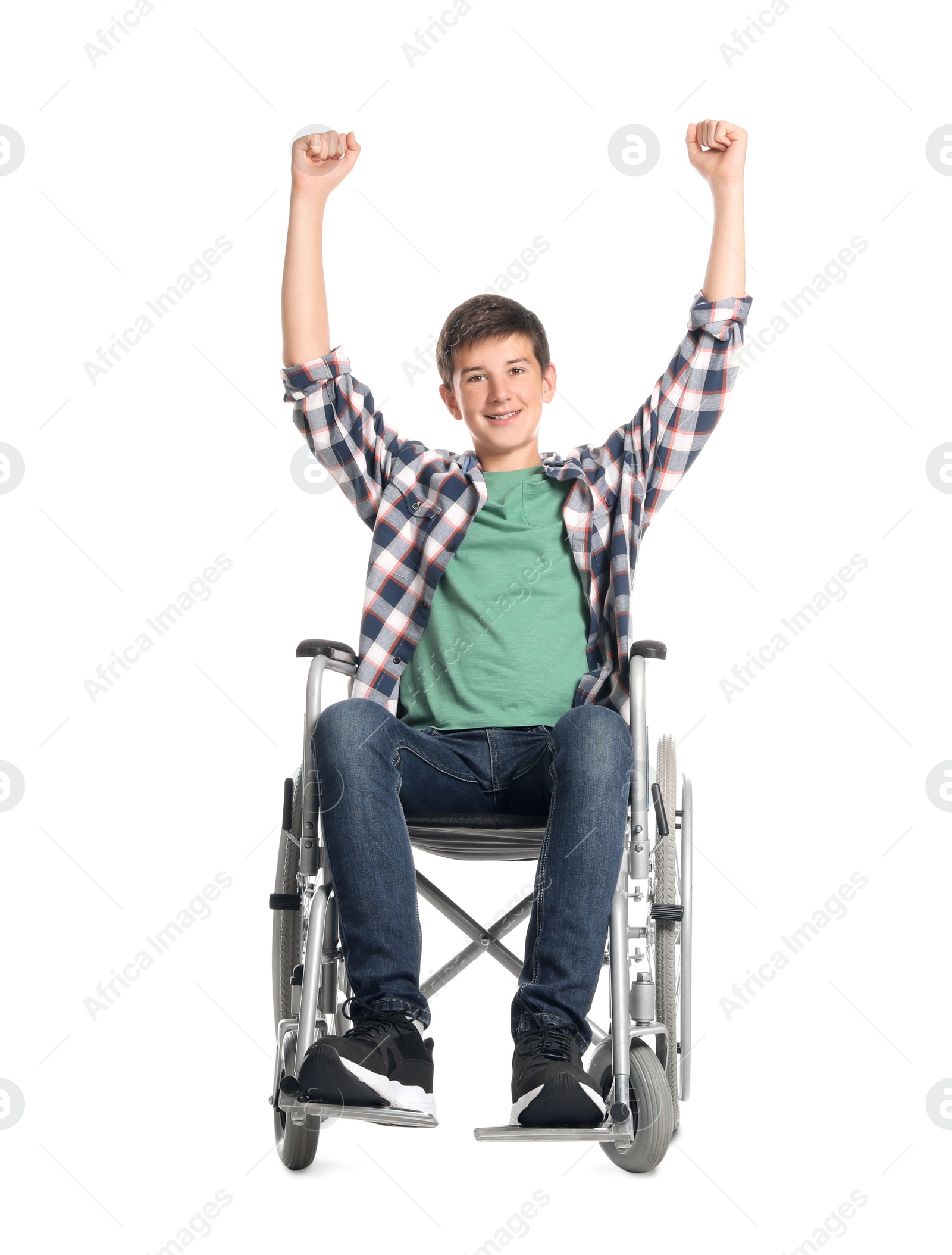 Photo of Teenage boy in wheelchair on white background