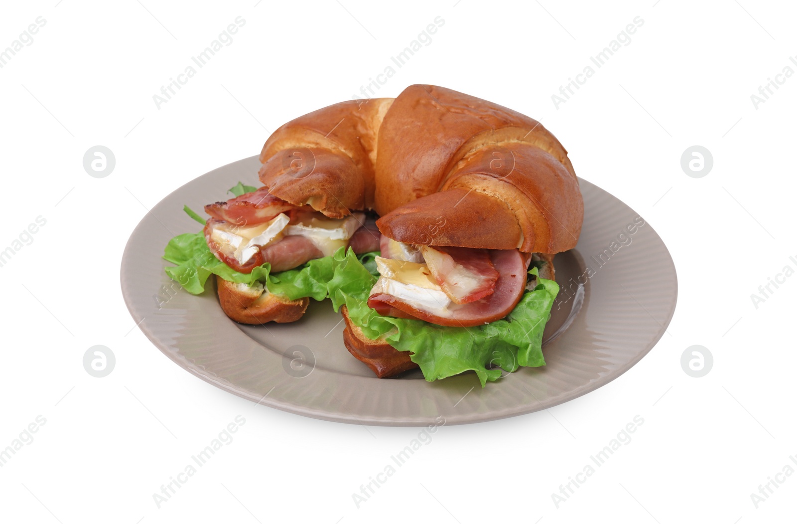 Photo of Tasty crescent roll with brie cheese, ham and bacon isolated on white