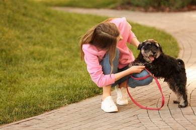Photo of Young woman with Miniature Schnauzer dog in park