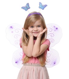 Photo of Cute little girl in fairy costume with violet wings on white background