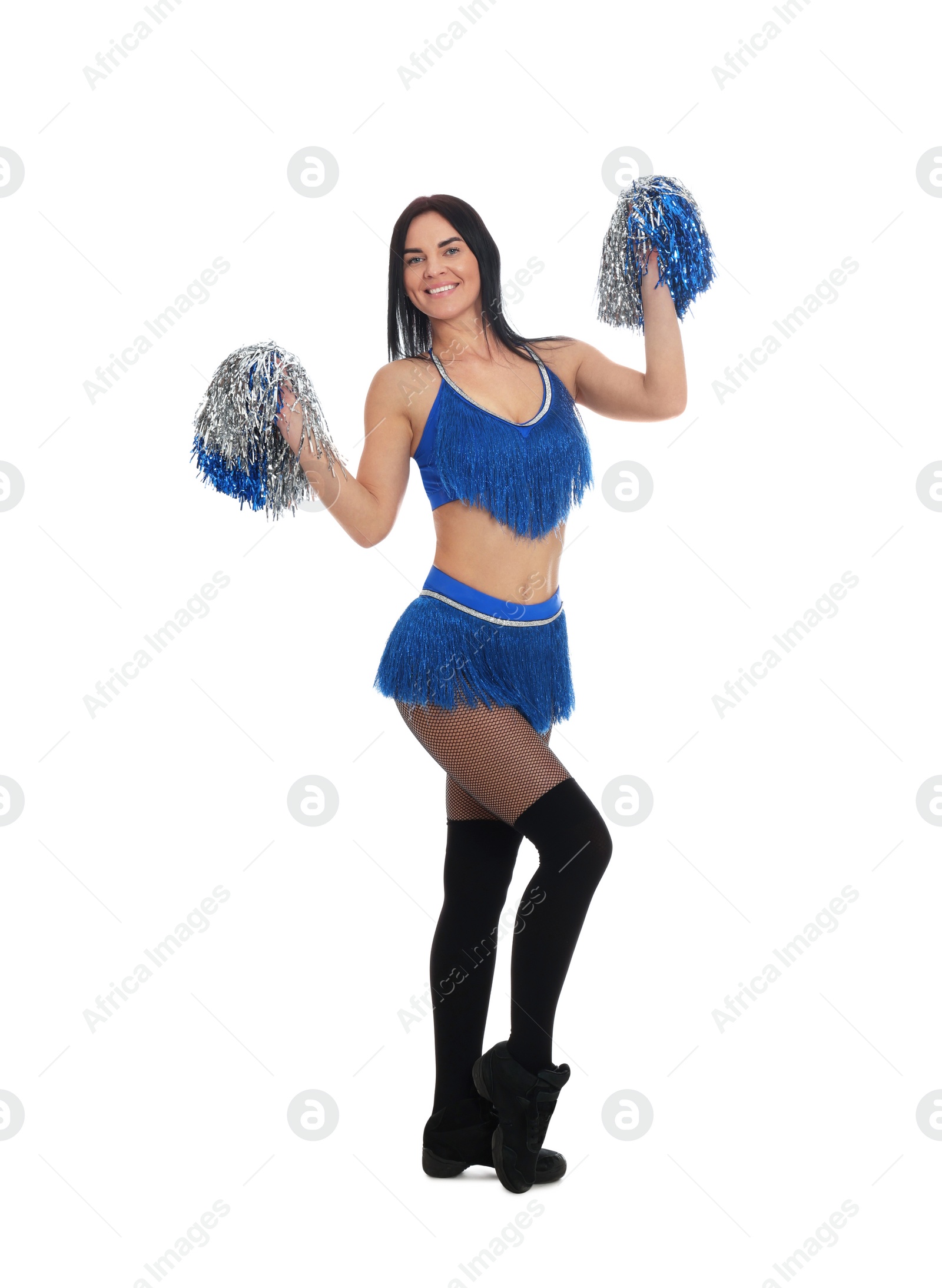 Photo of Beautiful cheerleader in costume holding pom poms on white background