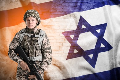 Image of Military, flag of Israel and ruined wall, double exposure