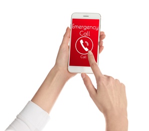 Hotline service. Woman making emergency call via smartphone on white background, closeup