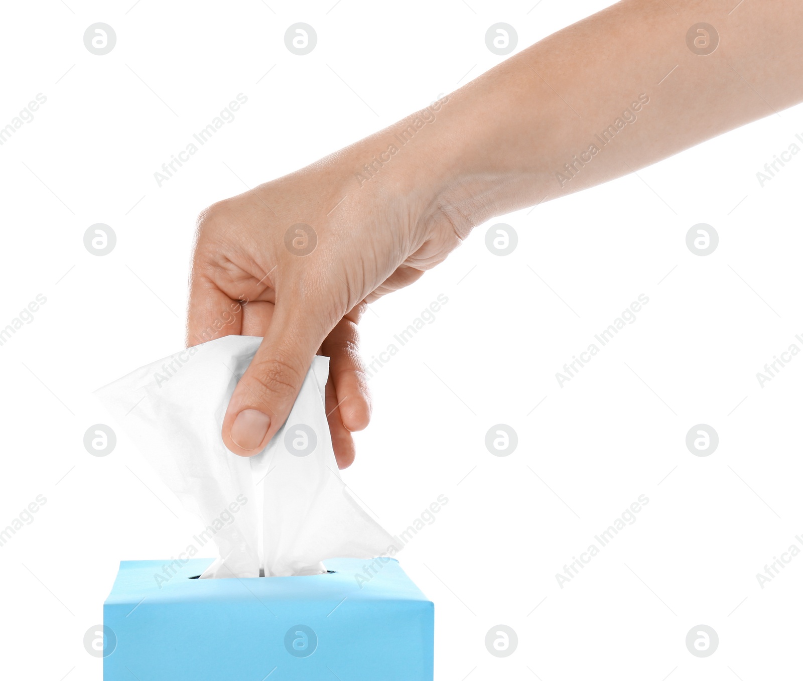 Photo of Woman taking paper tissue from box on white background, closeup