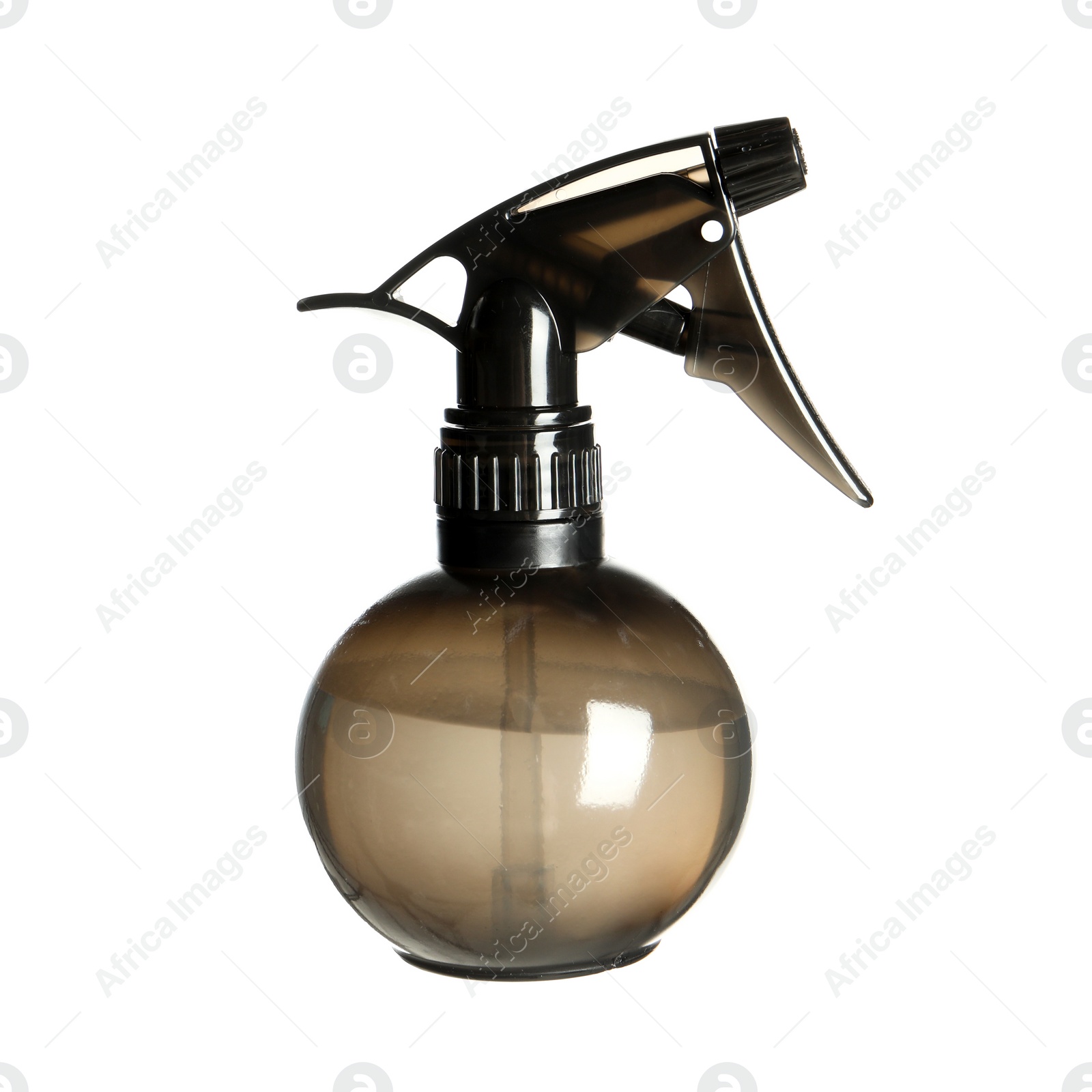 Photo of Stylish bottle with sprayer isolated on white. Hairdresser tool