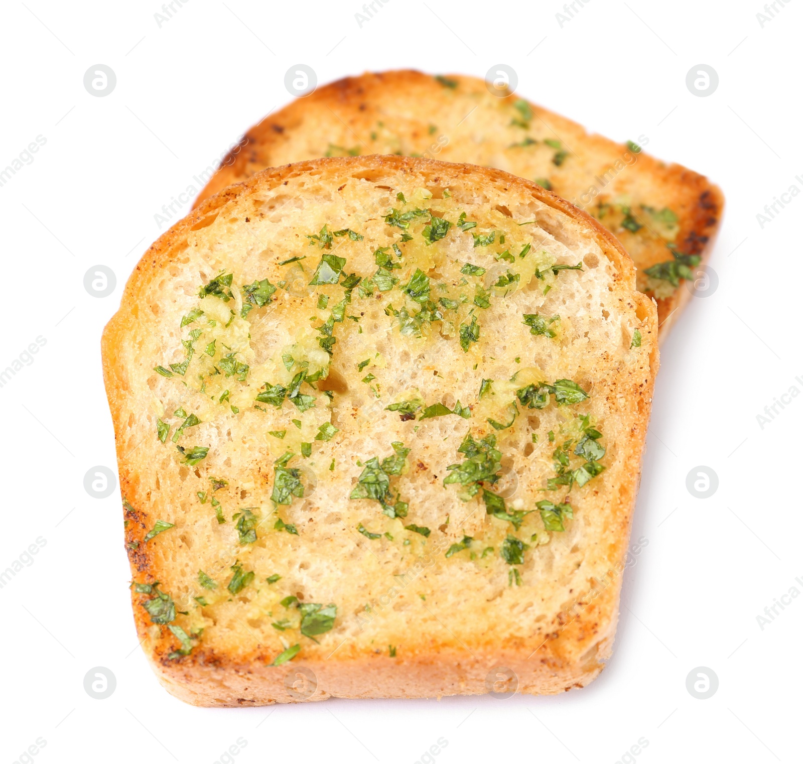 Photo of Slices of toasted bread with garlic and herbs on white background