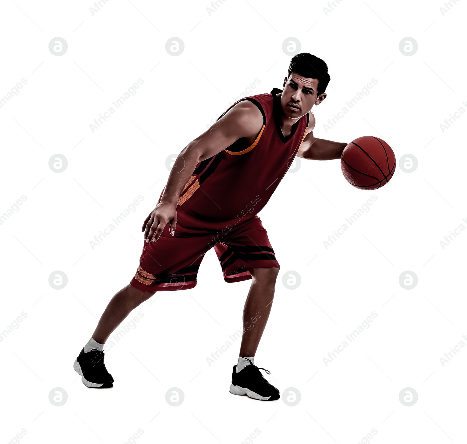 Image of Silhouette of professional sportsman playing basketball on white background