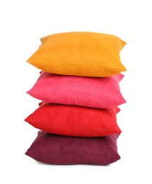 Photo of Stack of colorful decorative pillows on white background