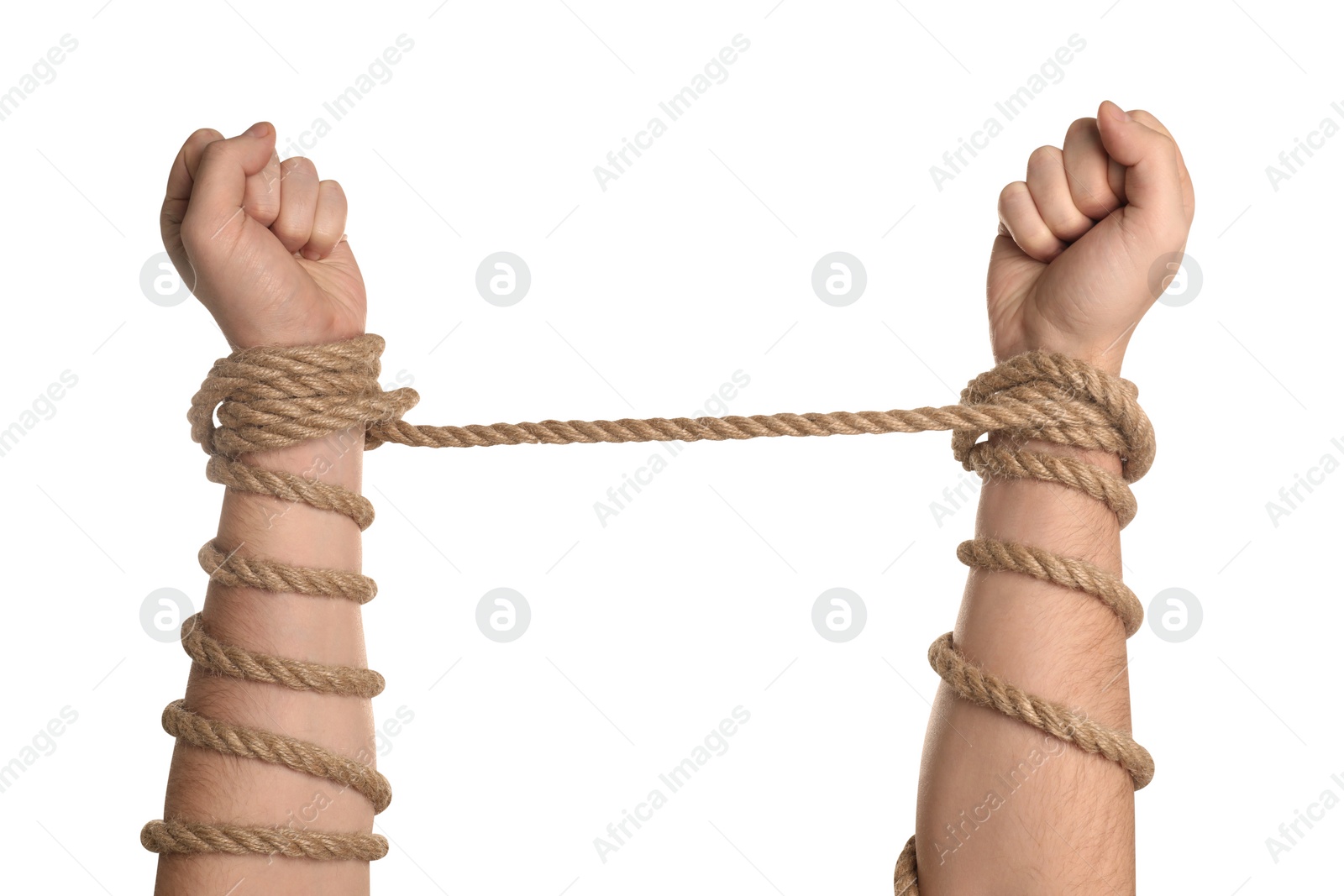 Photo of Freedom concept. Man with tied arms on white background, closeup