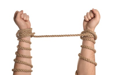 Photo of Freedom concept. Man with tied arms on white background, closeup