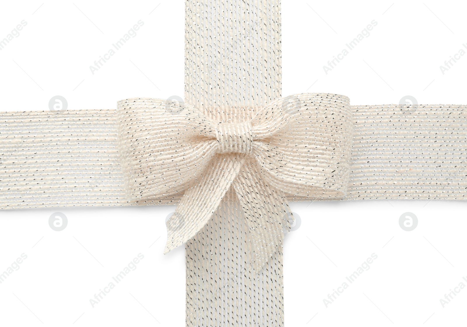 Photo of Burlap ribbons and bow with silver thread on white background, top view