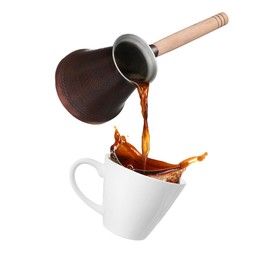 Image of Pouring freshly brewed aromatic coffee from turkish pot into cup. Objects in air on white background