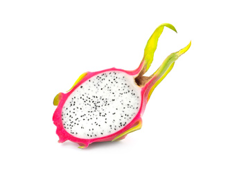 Half of delicious ripe dragon fruit (pitahaya) on white background