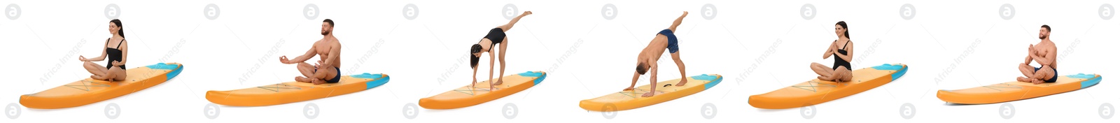 Image of Collage with photos of young man and woman practicing yoga on sup board isolated on white