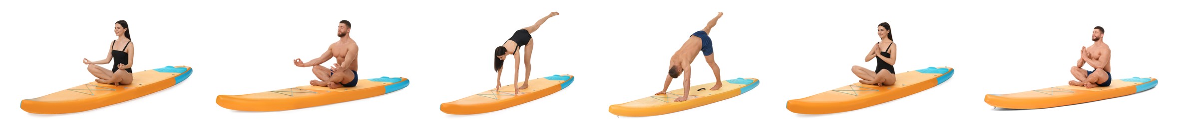 Collage with photos of young man and woman practicing yoga on sup board isolated on white