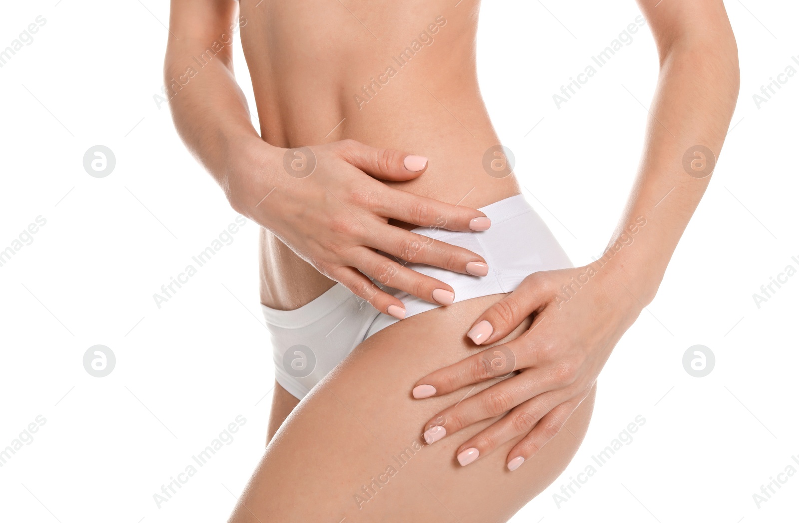 Photo of Young woman showing smooth silky skin after epilation on white background