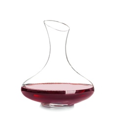 Elegant decanter with red wine on white background