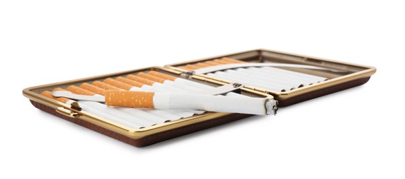 Photo of Open case with tobacco filter cigarettes on white background