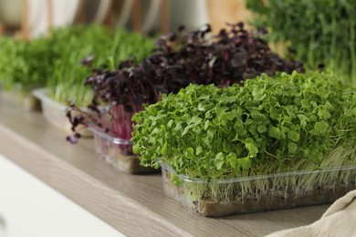 Different fresh microgreens in plastic containers on countertop, space for text