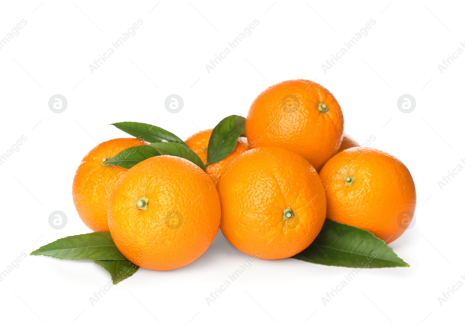 Photo of Fresh ripe oranges with green leaves on white background