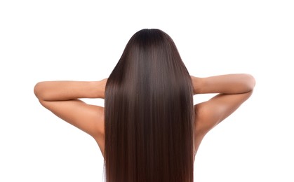 Photo of Hair styling. Woman with straight long hair on white background, back view