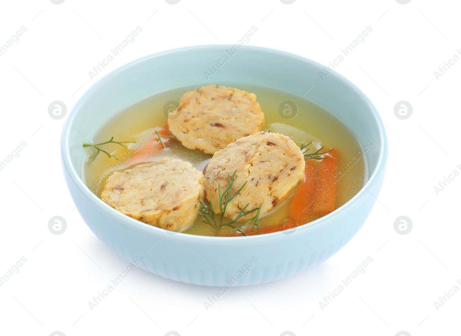 Photo of Bowl of Jewish matzoh balls soup isolated on white