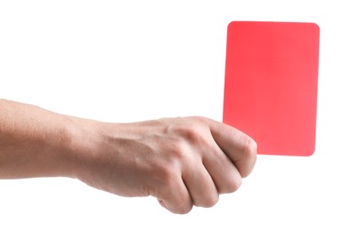 Photo of Referee holding red card on white background, closeup