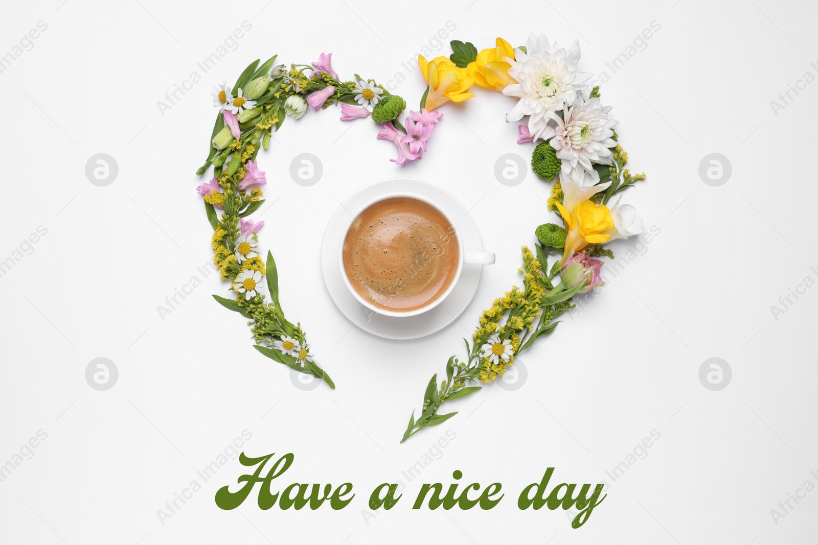 Image of Text Have a nice day, beautiful heart made of different flowers and coffee on white background, top view