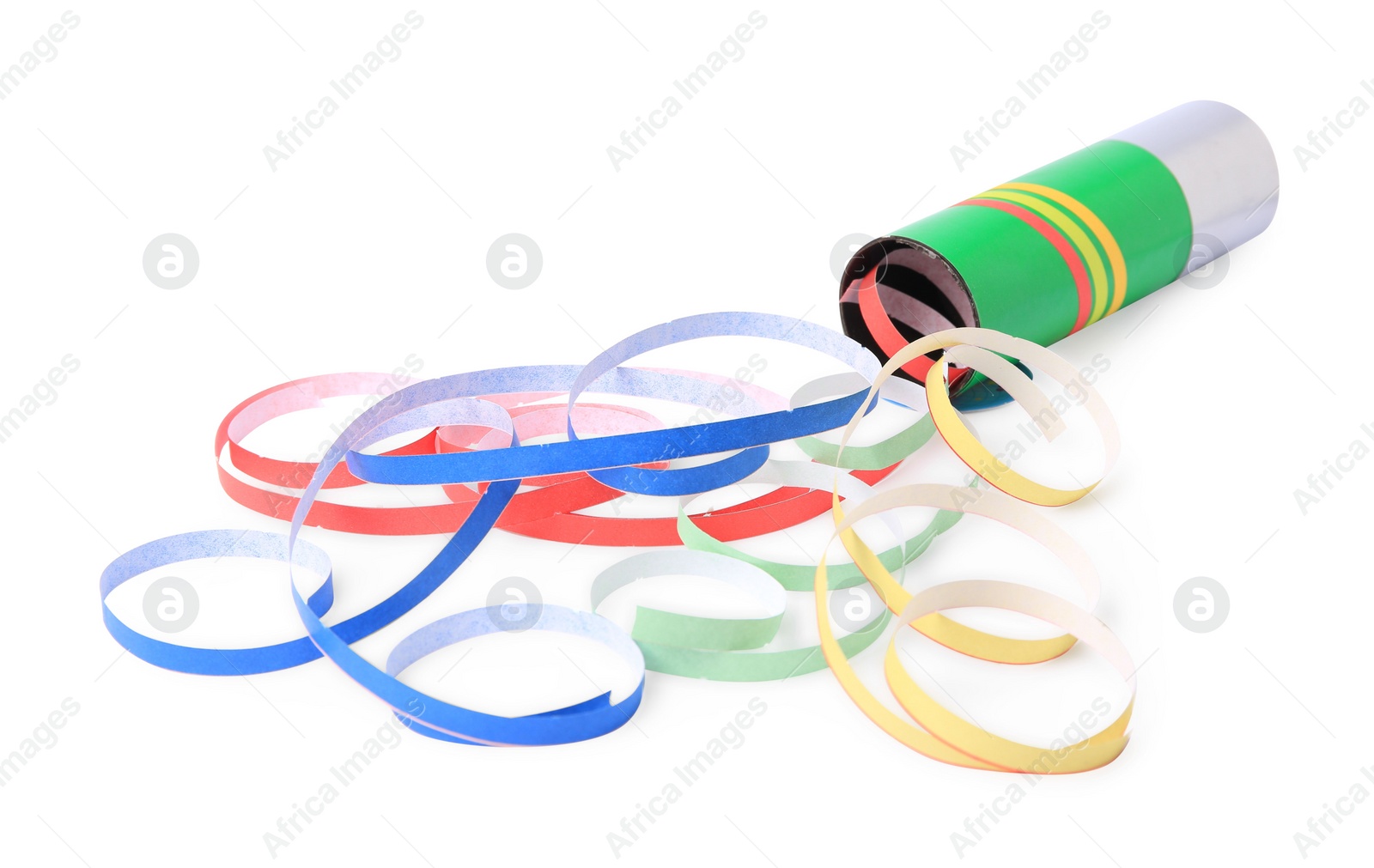 Photo of Colorful streamers with bright party popper isolated on white