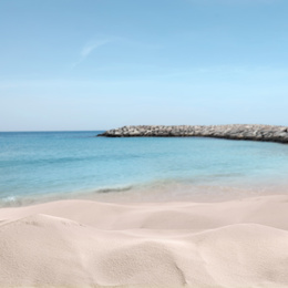 Image of Beautiful sandy beach near ocean under blue sky