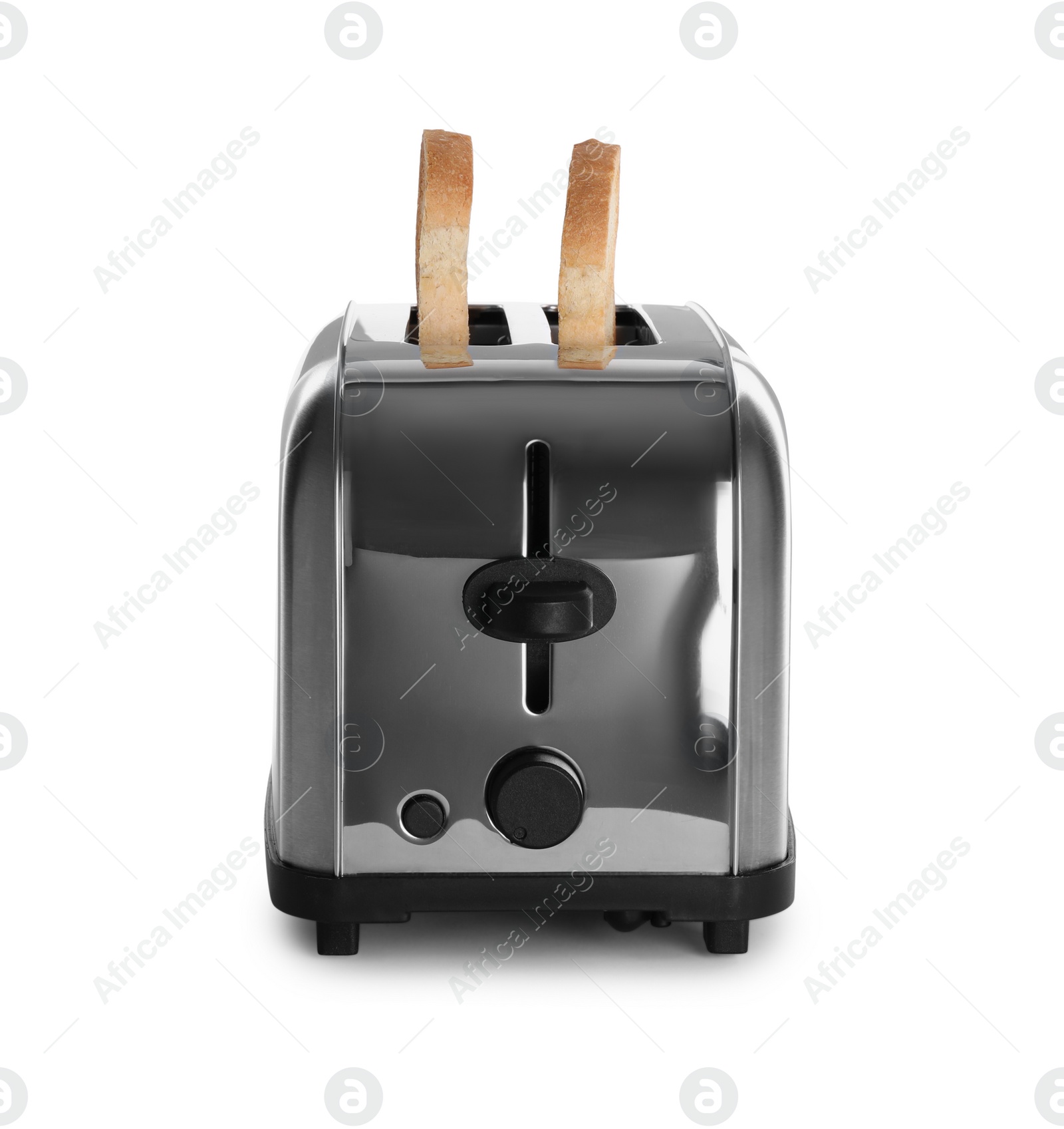 Photo of Electric toaster with bread slices isolated on white