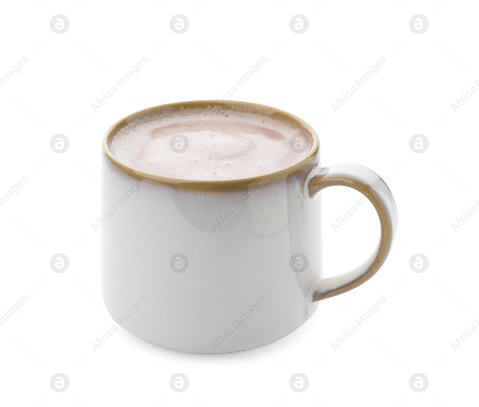 Photo of Delicious cocoa drink in cup on white background