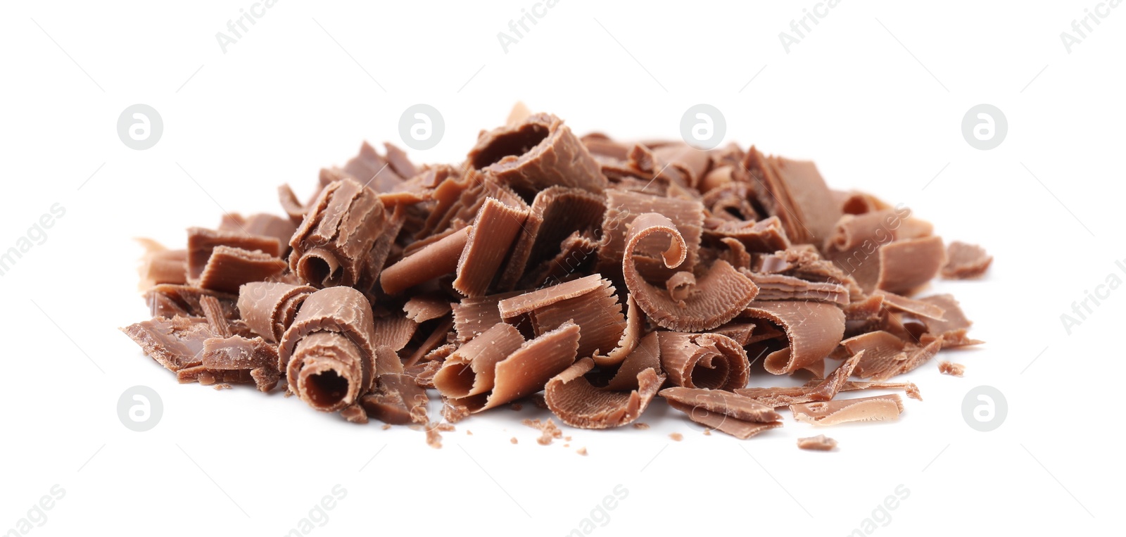 Photo of Pile of tasty chocolate shavings isolated on white