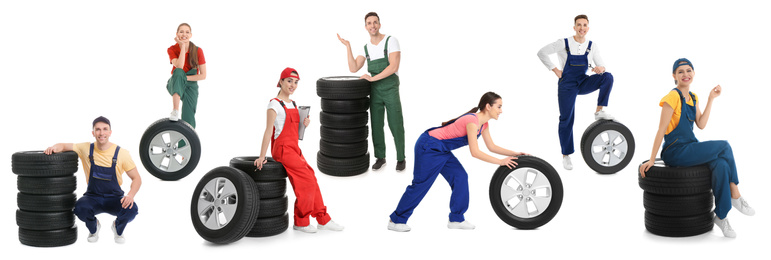 Image of Collage with photos of young mechanics and tires on white background. Auto store 