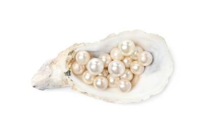Photo of Oyster shell with pearls on white background, top view