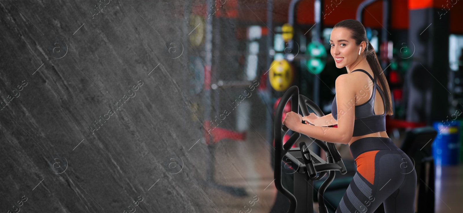 Image of Woman using modern elliptical machine in gym, space for text. Banner design