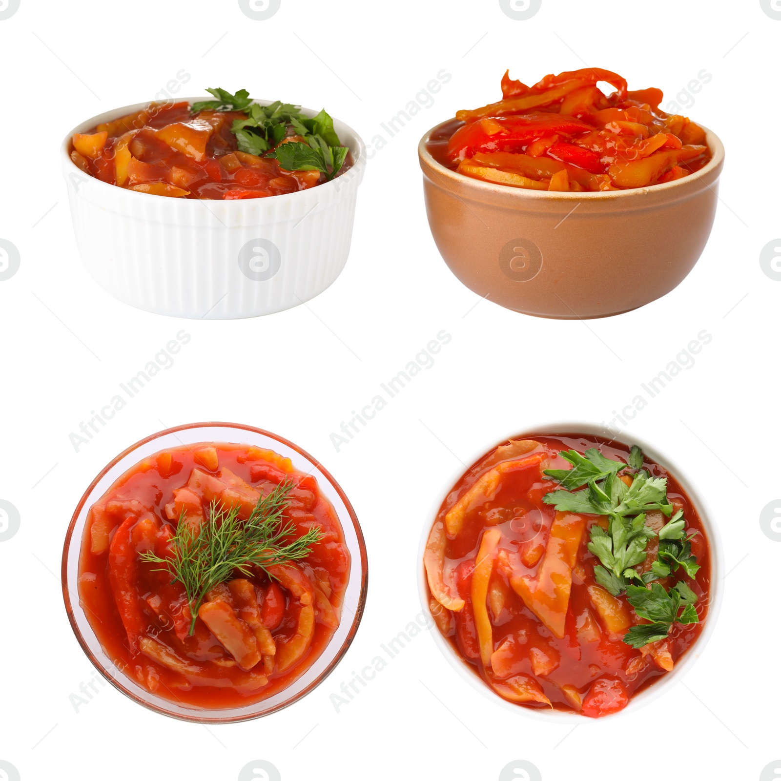 Image of Collage of lecho in bowls on white background