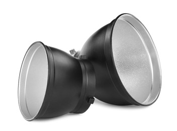 Photo of Studio flash lights reflectors on white background. Professional photographer's equipment