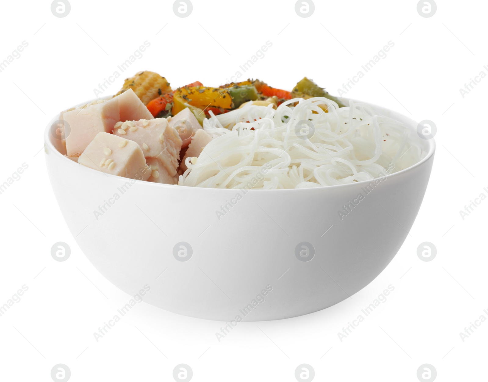 Photo of Tasty cooked rice noodles with chicken and vegetables isolated on white