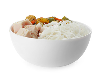 Photo of Tasty cooked rice noodles with chicken and vegetables isolated on white