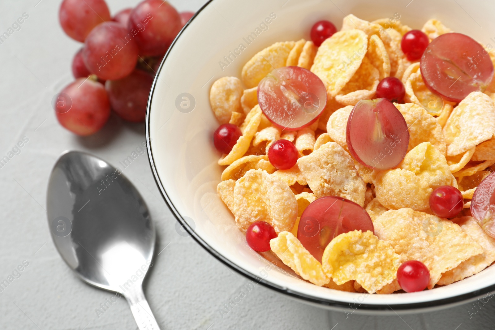 Photo of Tasty healthy breakfast served on light table, closeup