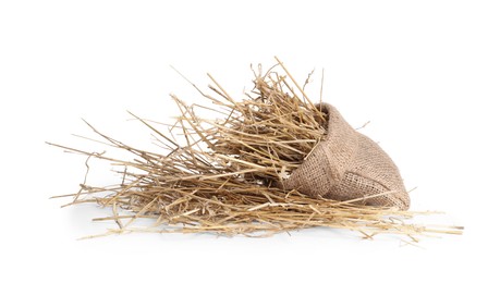 Photo of Dried straw in burlap sack isolated on white