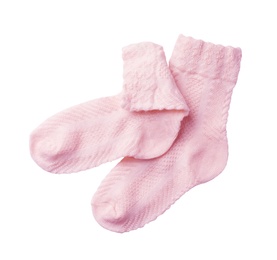 Photo of Cute child socks on white background, top view