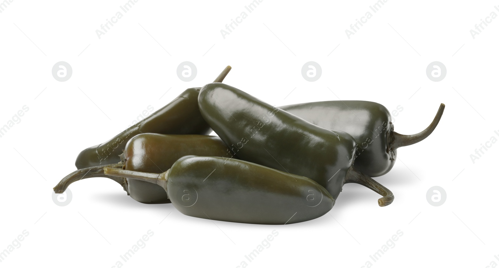 Photo of Pickled green jalapeno peppers on white background