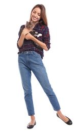 Young woman with cat on white background. Owner and pet