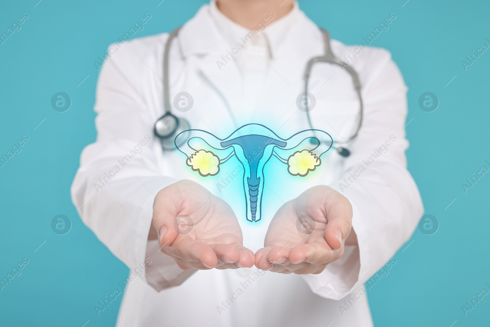 Image of Doctor and illustration of female reproductive system on light blue background, closeup