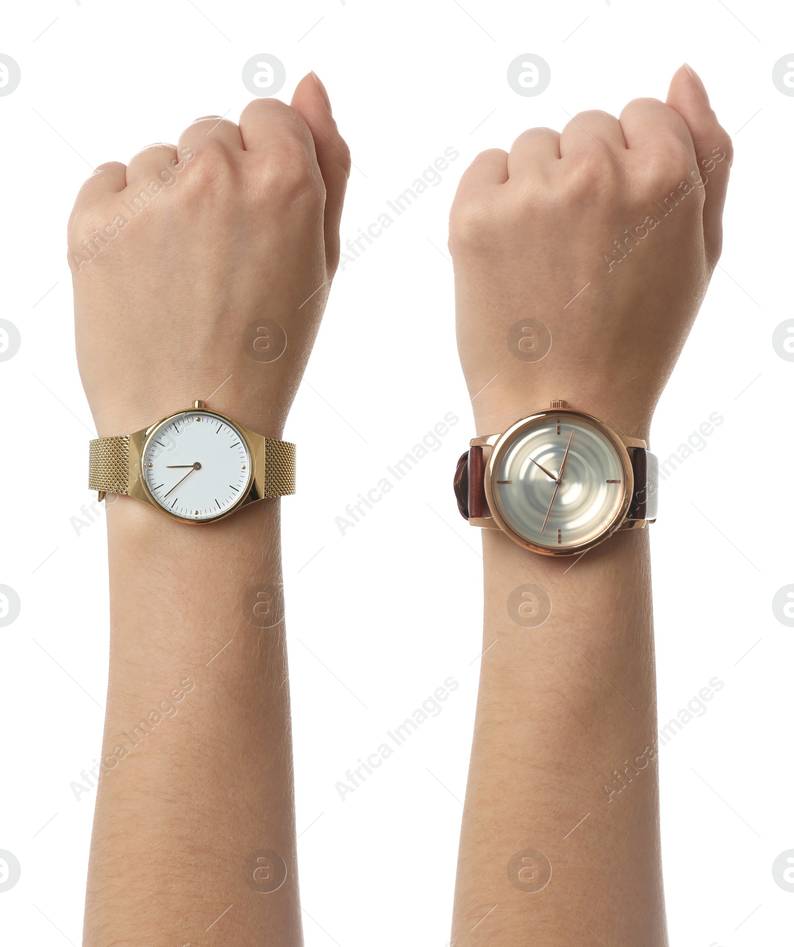 Image of Collage with photos of women wearing wristwatches on white background, closeup