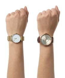 Image of Collage with photos of women wearing wristwatches on white background, closeup