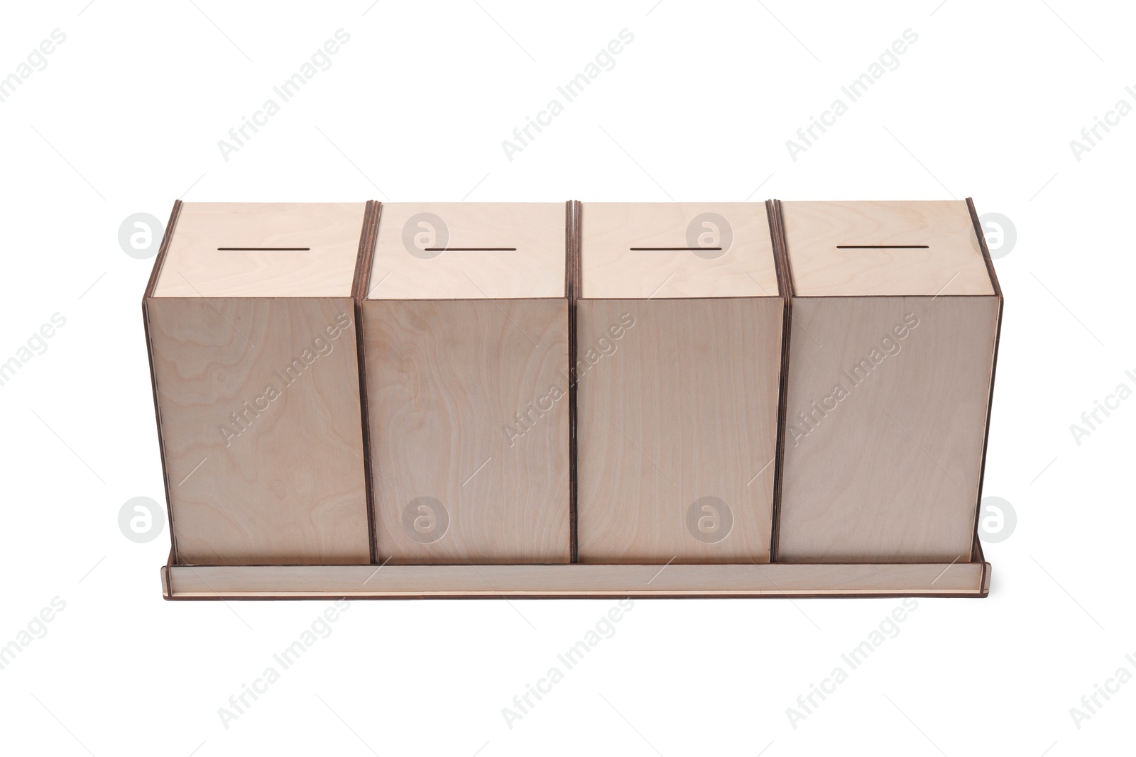 Photo of Wooden ballot boxes isolated on white. Election time